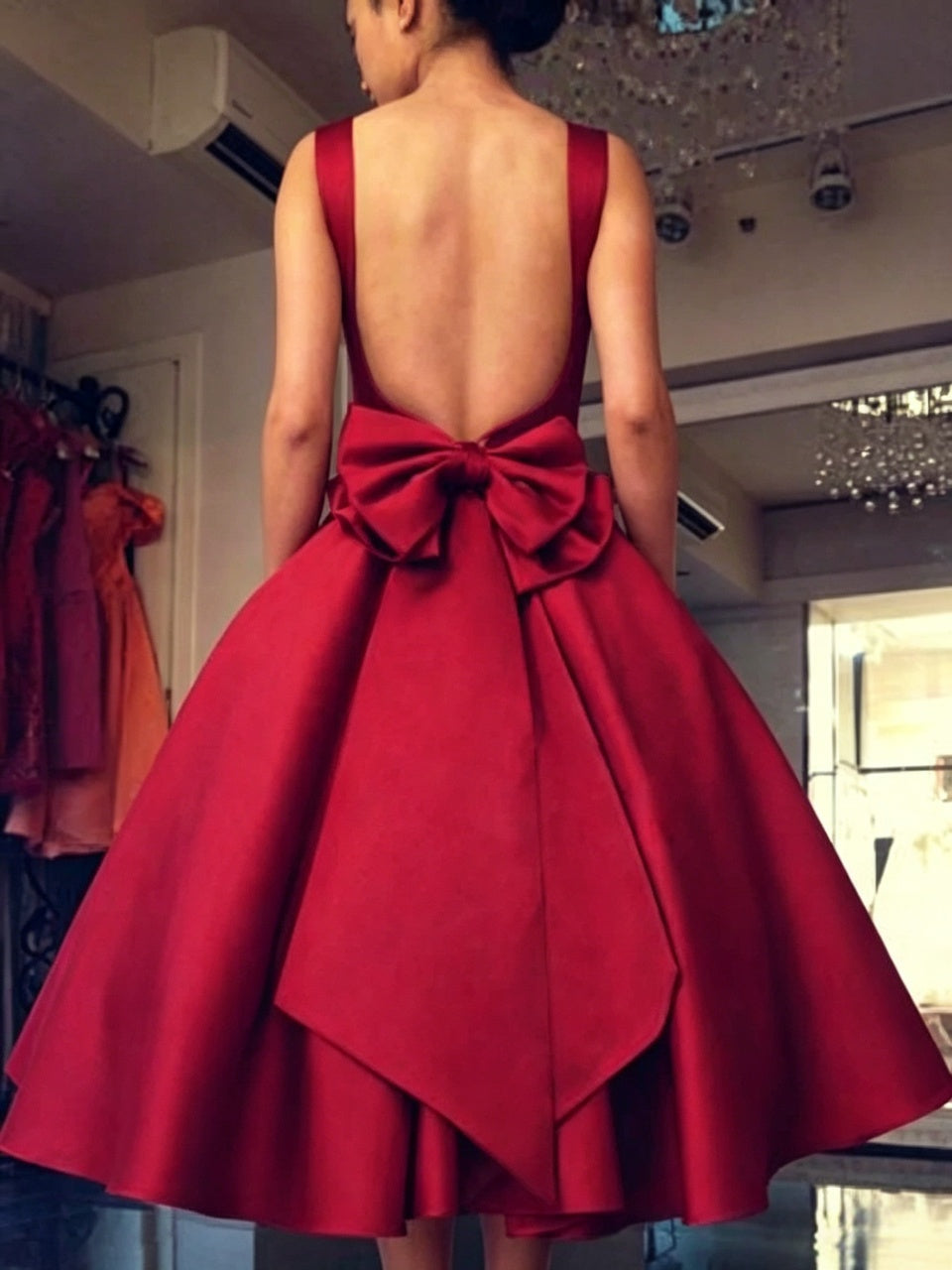 Burgundy Heavy Satin Wide Strap Square Low Open Back Big Bow Pocket A-Line Midi Homecoming Dresses