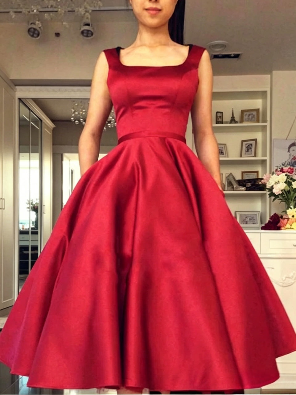 Burgundy Heavy Satin Wide Strap Square Low Open Back Big Bow Pocket A-Line Midi Homecoming Dresses
