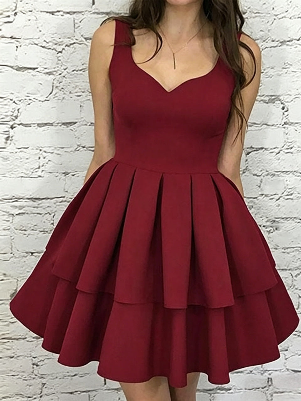Burgundy Matte Crepe Sleeveless V-Neck Back Zip Double Tier Ruffle A-Line Pocket Mini Homecoming Dresses