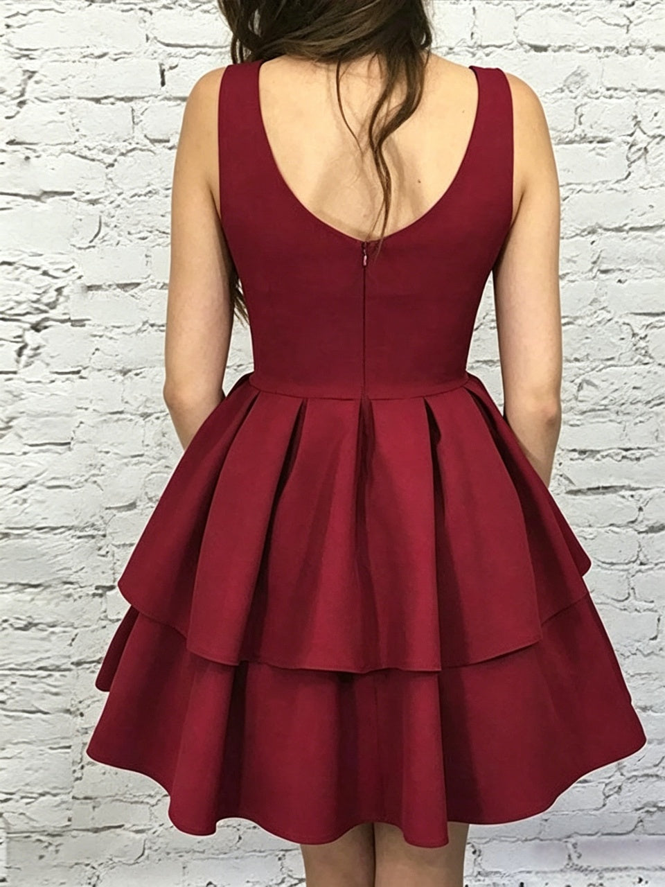 Burgundy Matte Crepe Sleeveless V-Neck Back Zip Double Tier Ruffle A-Line Pocket Mini Homecoming Dresses
