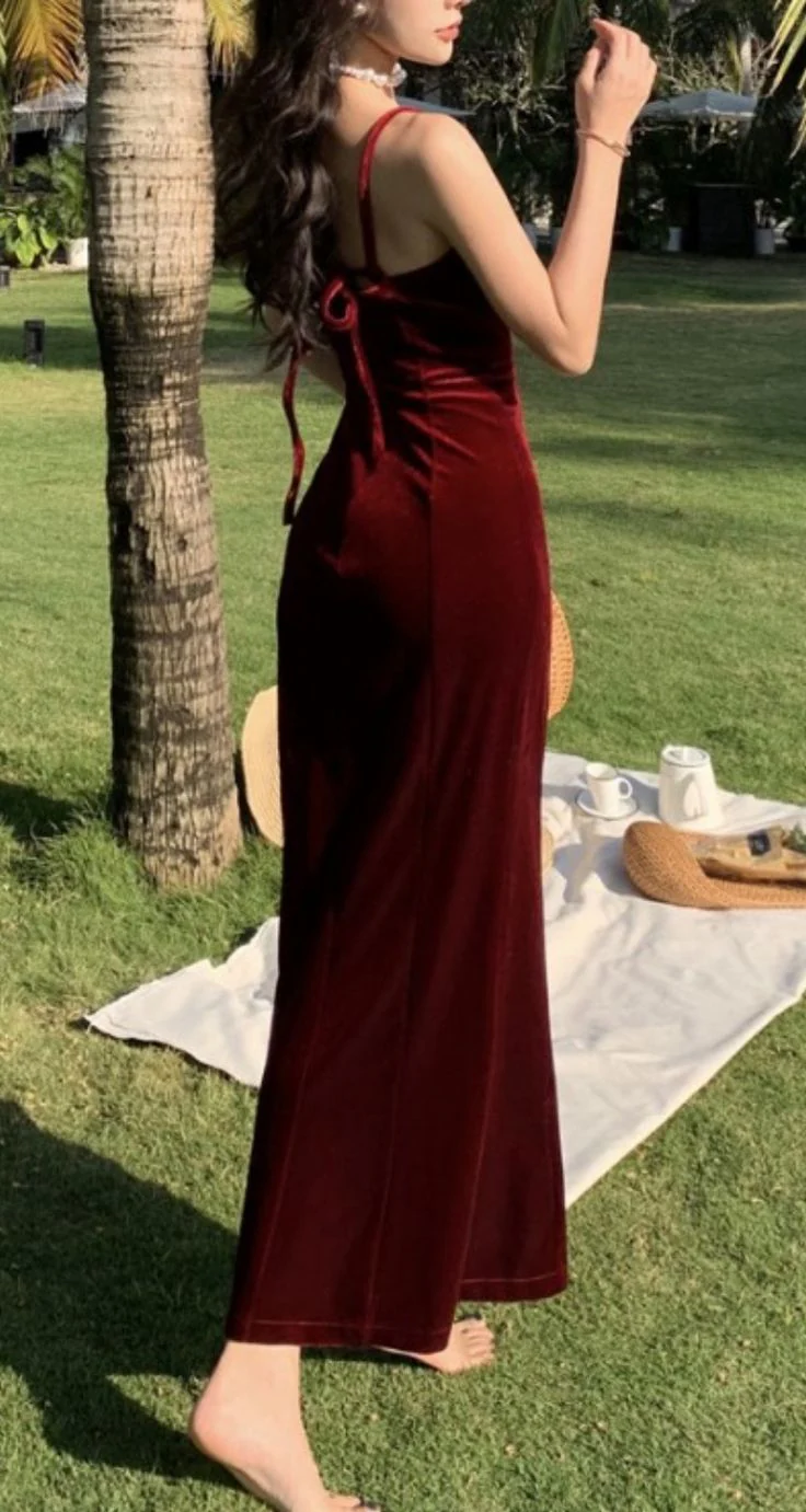Burgundy Velvet Slip Midi Dress Spaghetti Strap Tie Back Evening Dresses