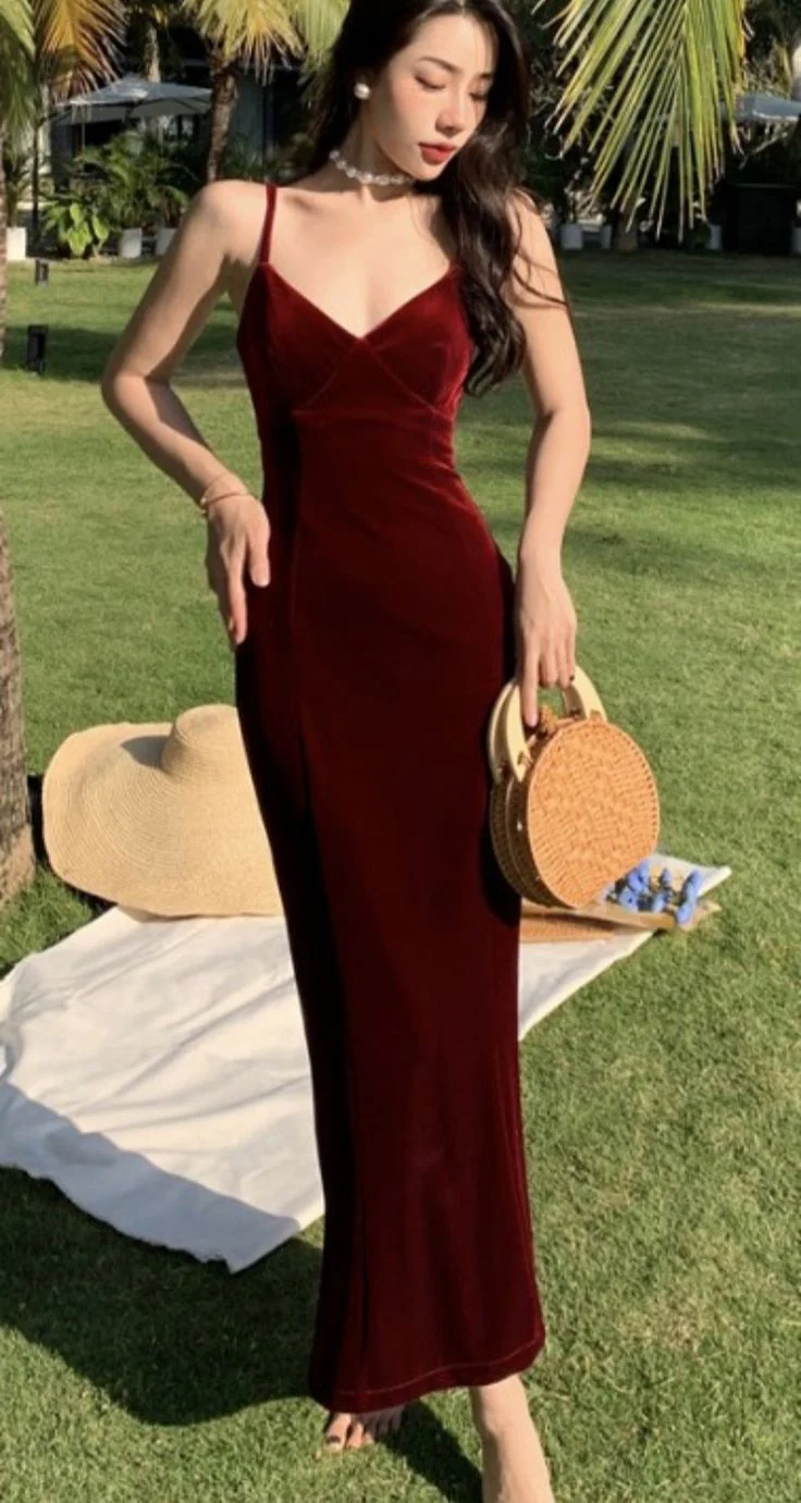 Burgundy Velvet Slip Midi Dress Spaghetti Strap Tie Back Evening Dresses