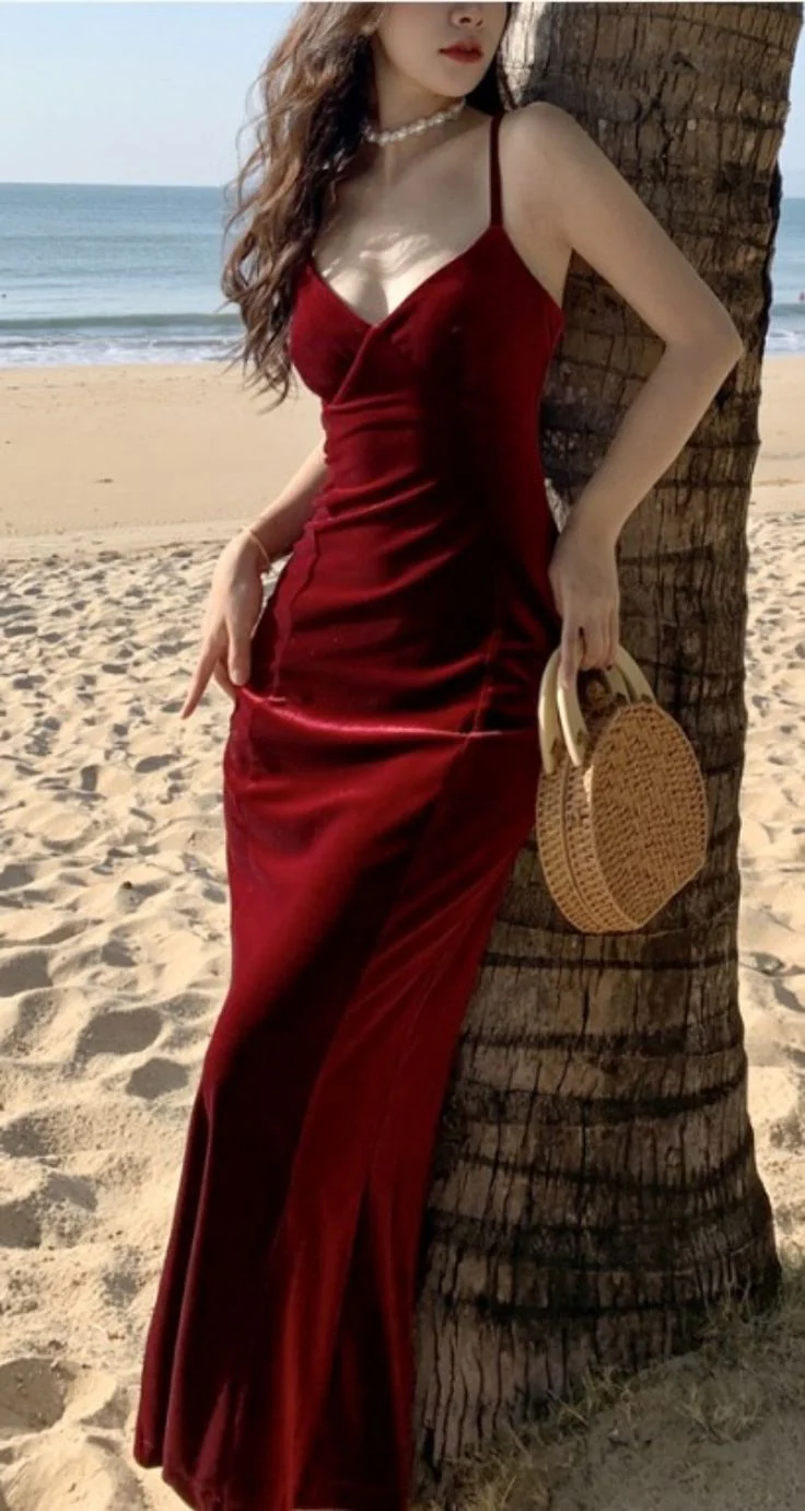 Burgundy Velvet Slip Midi Dress Spaghetti Strap Tie Back Evening Dresses