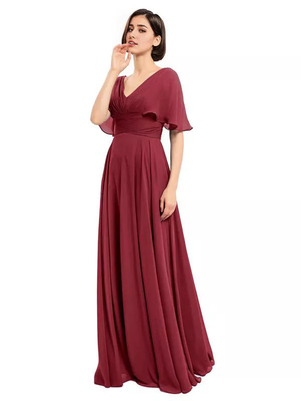 Elegantes vestidos largos de dama de honor de gasa con escote en V y mangas cortas