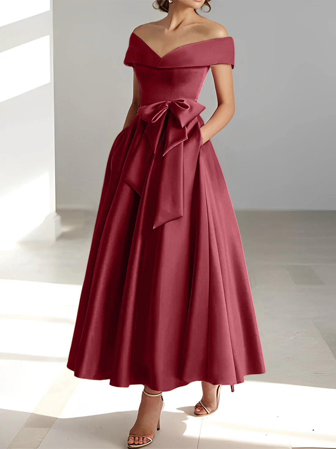 Vestidos de madre de la novia con bolsillos y hombros descubiertos, corte A/Princesa