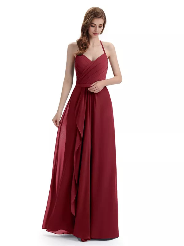 Encantadores vestidos de dama de honor con escote en V, hombros descubiertos, sin mangas y hasta el suelo