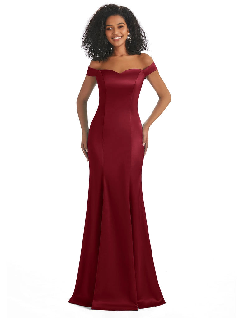 Vestidos de dama de honor largos, sencillos, de satén suave, sin mangas y con hombros descubiertos, de corte sirena