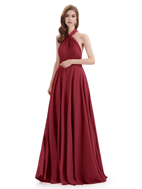 Simple A-Line High Neck Halter Sleeveless Pleats Chiffon Floor Length Bridesmaid Dresses