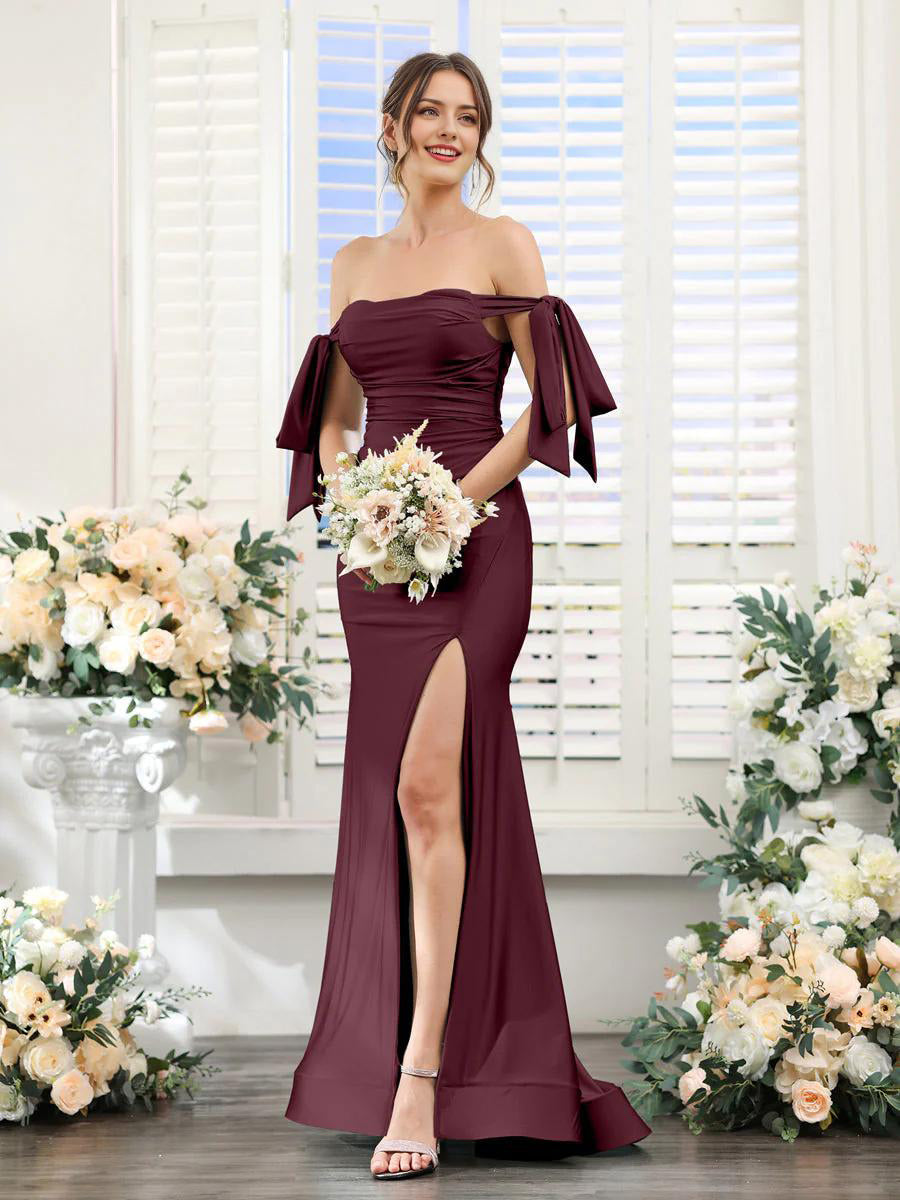 Champagne Satin Off-the-Shoulder Floor-Length Bridesmaid Dress with Bows