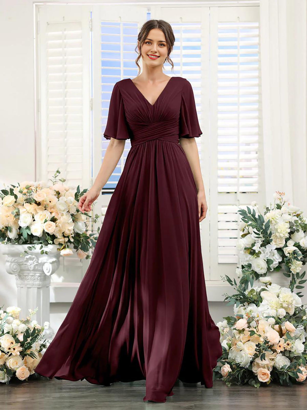 Mint Green Chiffon A-Line Floor-Length Bridesmaid Dress | V-Neck, Ruched Bodice & High Slit