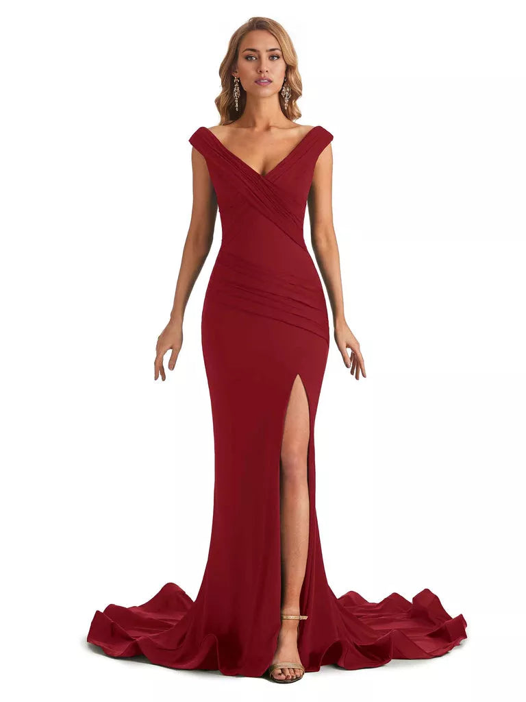 Vestido de dama de honor largo, formal, sin mangas, con escote en V y hombros descubiertos, de estilo sirena y sexy