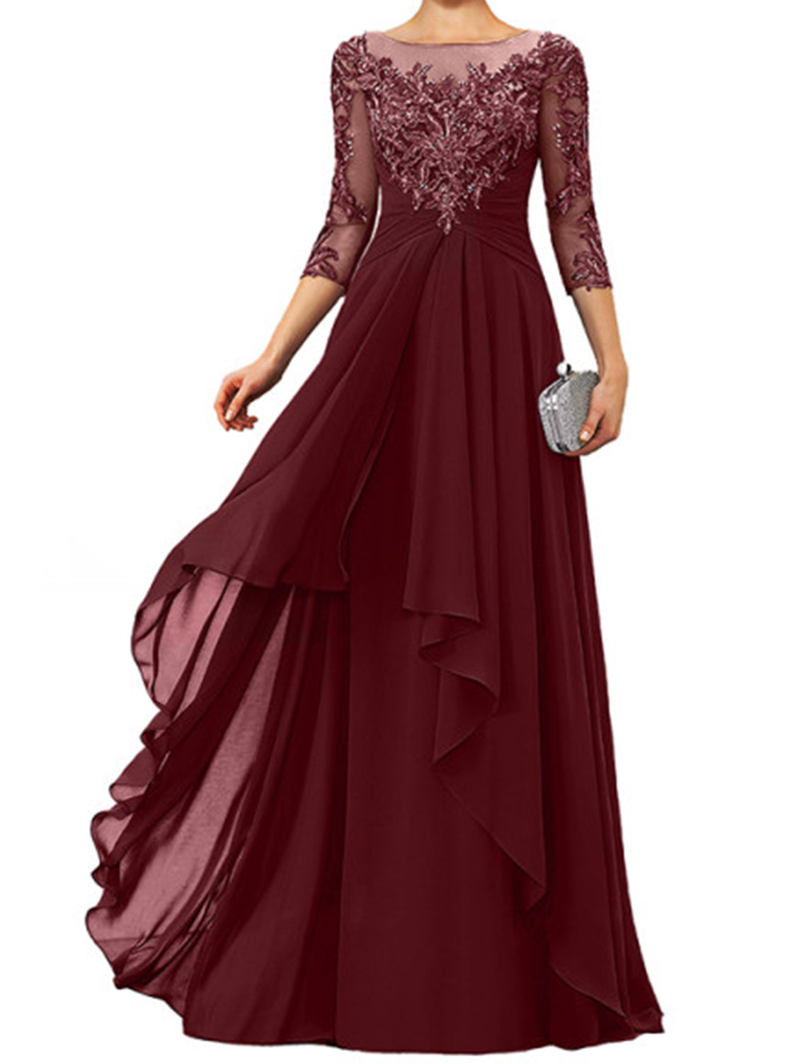 Dark Navy Chiffon A-Line Floor-Length Evening Dress - Illusion Neck Lace Appliques