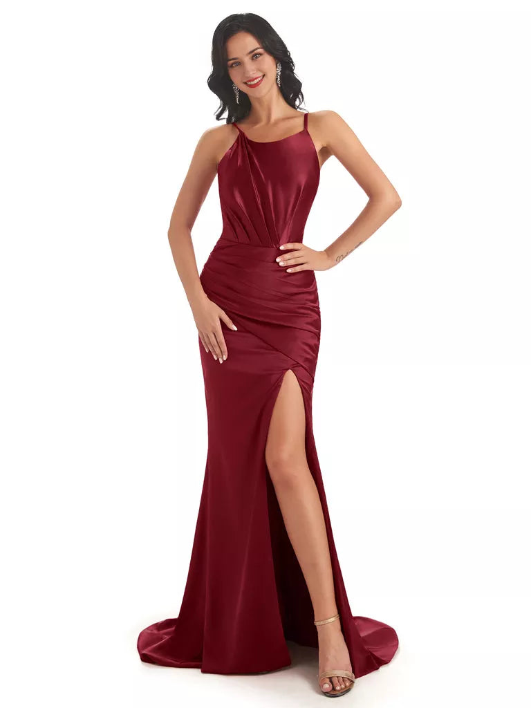 Vestidos de dama de honor de sirena con abertura lateral, sin mangas, tirantes finos y satén suave y sexy