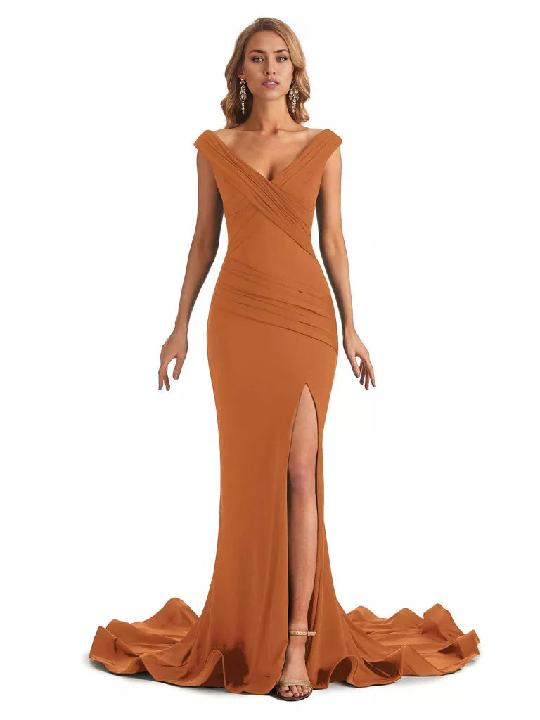 Vestido de dama de honor largo, formal, sin mangas, con escote en V y hombros descubiertos, de estilo sirena y sexy