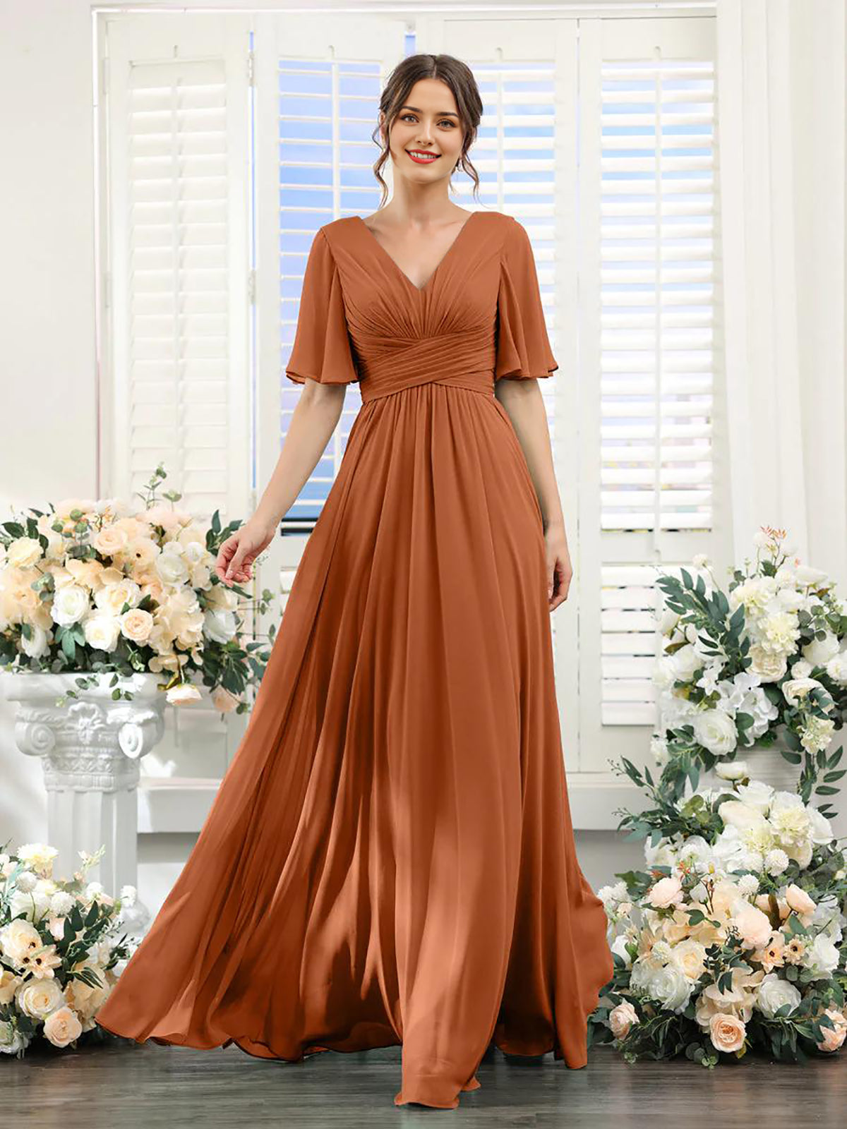 Vestido de dama de honor con escote en A y escote en V, ideal para invitadas a la boda, vestido de fiesta formal de gasa larga con abertura.