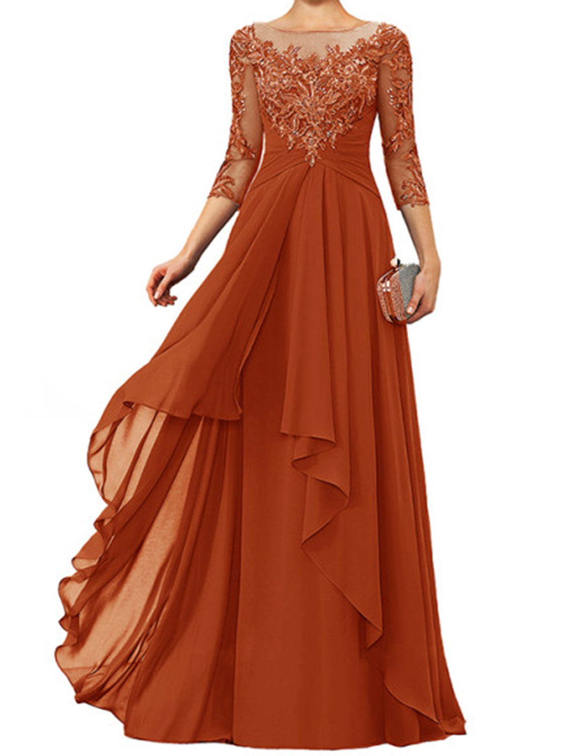 Dark Navy Chiffon A-Line Floor-Length Evening Dress - Illusion Neck Lace Appliques