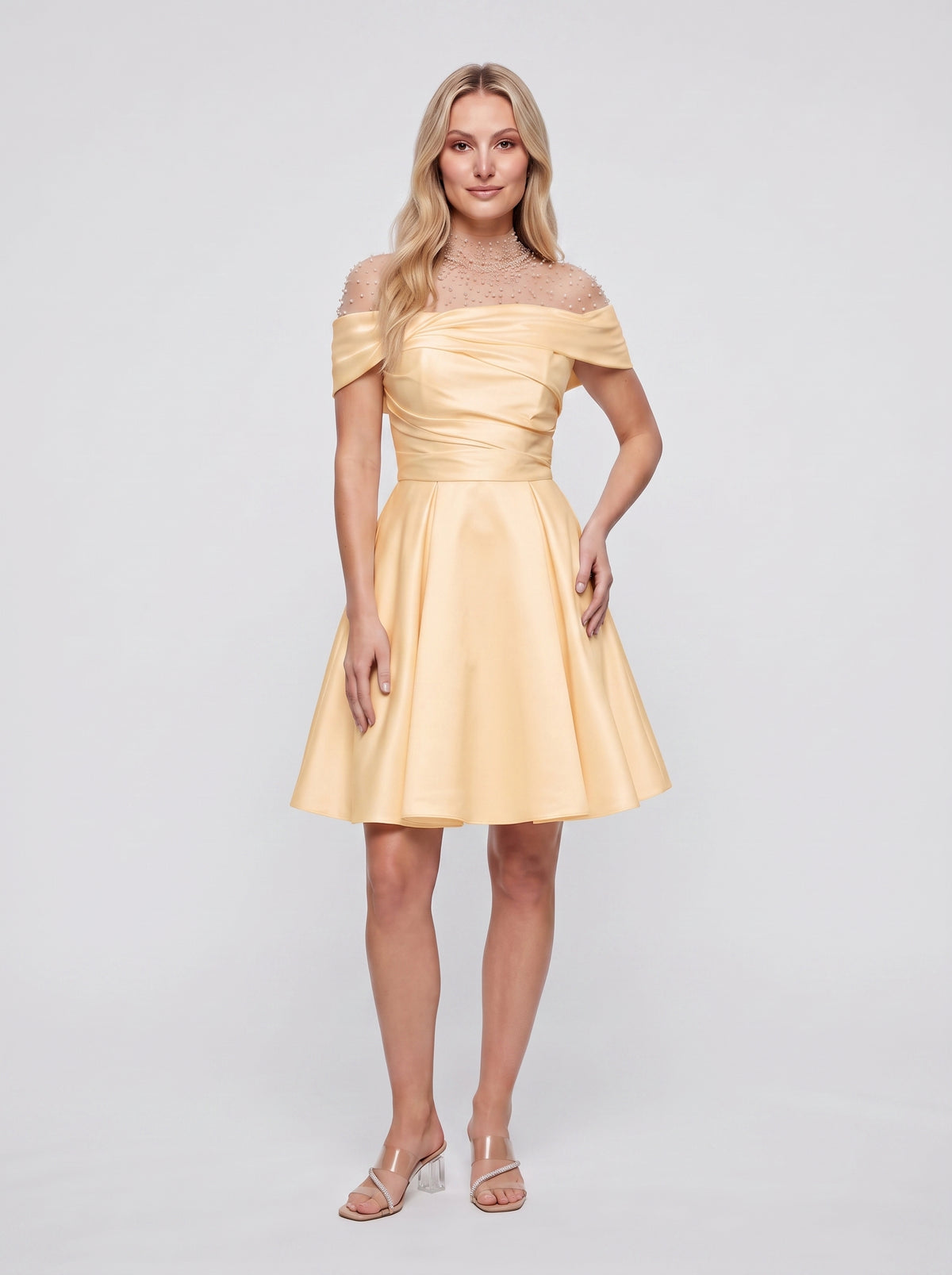 Ivory Satin A-Line Off-the-Shoulder Floor-Length Evening Dress