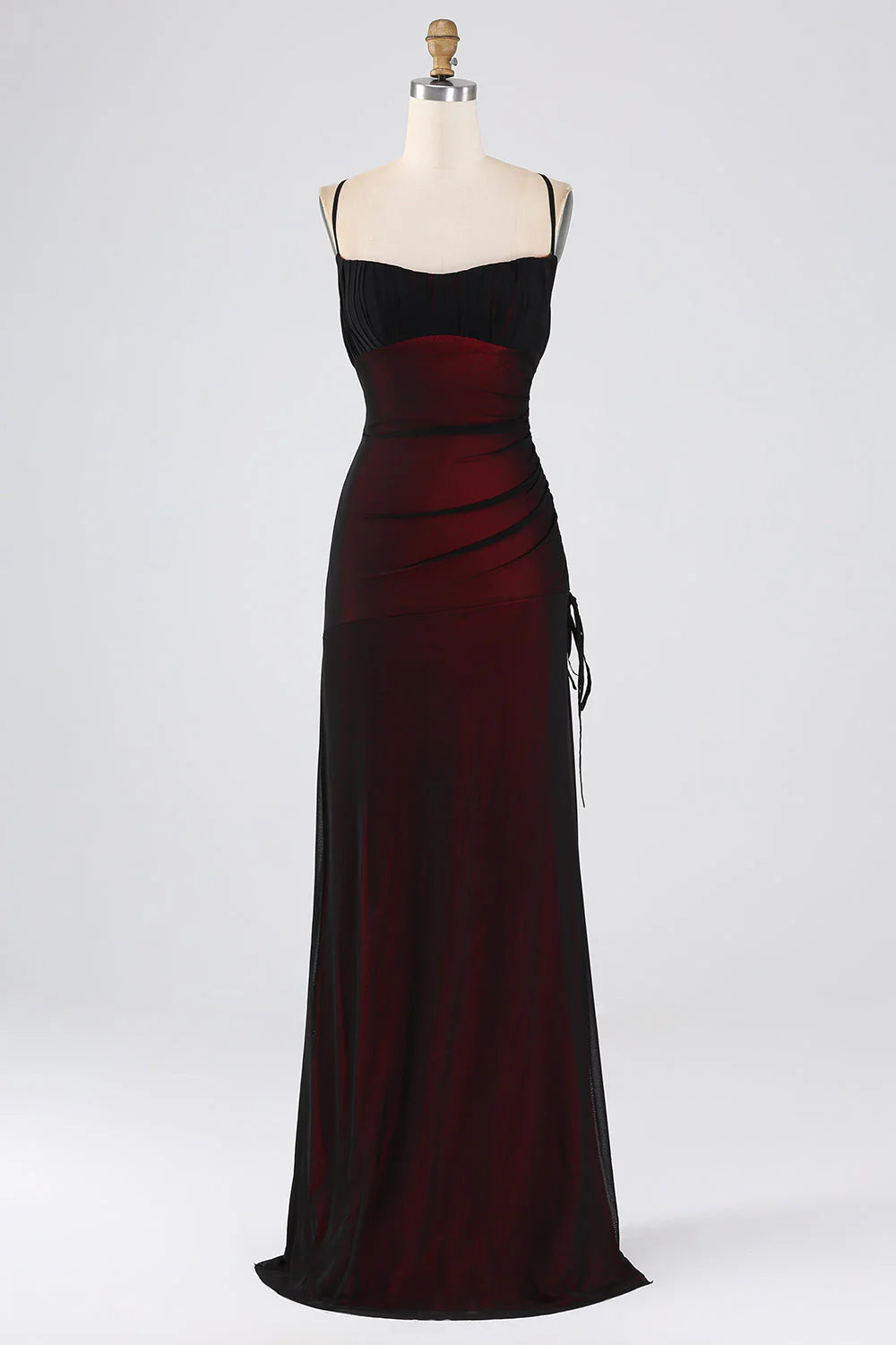 Black Chiffon Sheath/column Floor-Length Evening Dress with Ruched bodice + Side drawstring detail & Sweetheart Neckline