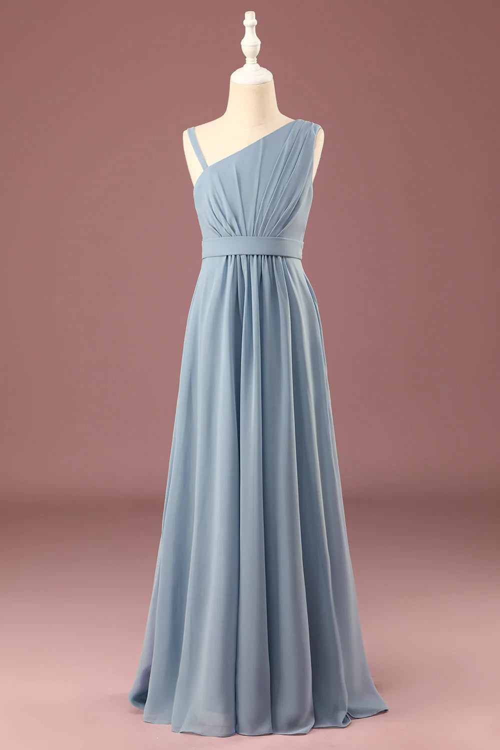 Dusty Blue Chiffon One Shoulder A-Line Floor-Length Bridesmaid Dress with Pleated Bodice