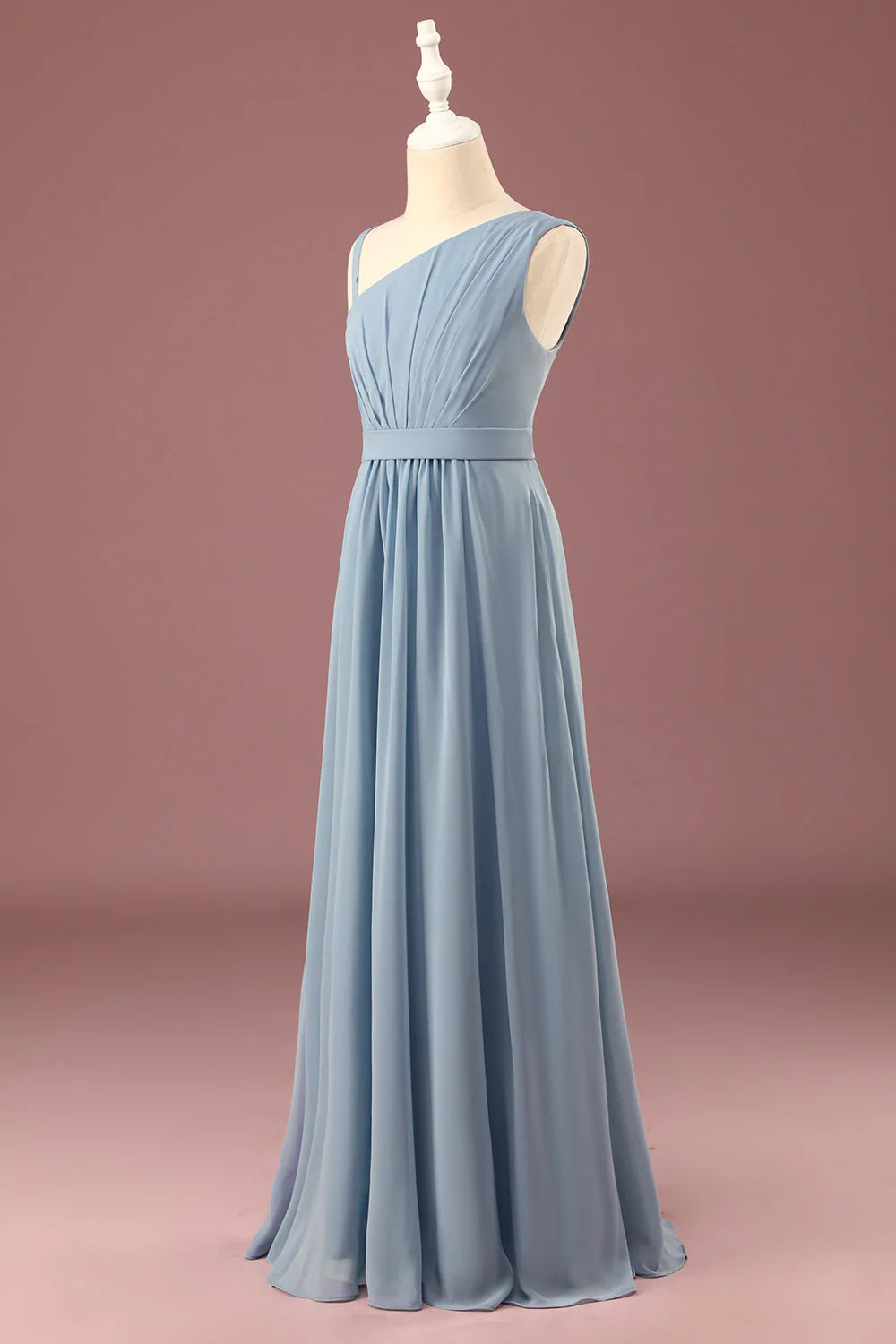 Dusty Blue Chiffon One Shoulder A-Line Floor-Length Bridesmaid Dress with Pleated Bodice