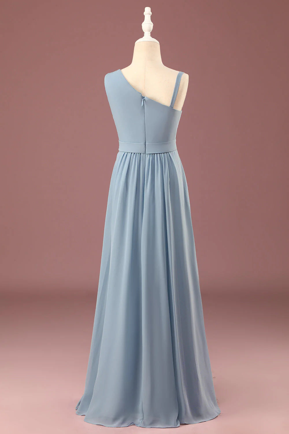 Dusty Blue Chiffon One Shoulder A-Line Floor-Length Bridesmaid Dress with Pleated Bodice