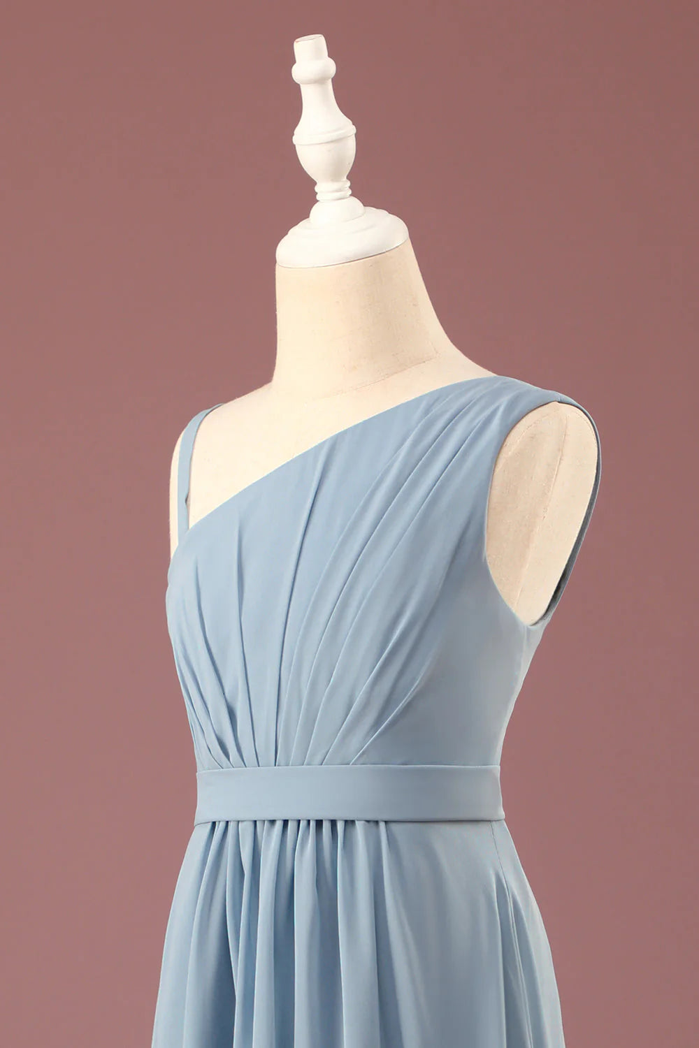 Dusty Blue Chiffon One Shoulder A-Line Floor-Length Bridesmaid Dress with Pleated Bodice