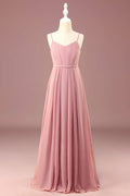 Blushing Pink Chiffon A-Line Floor-Length Bridesmaid Dress with V-Neck & Pleated Skirt