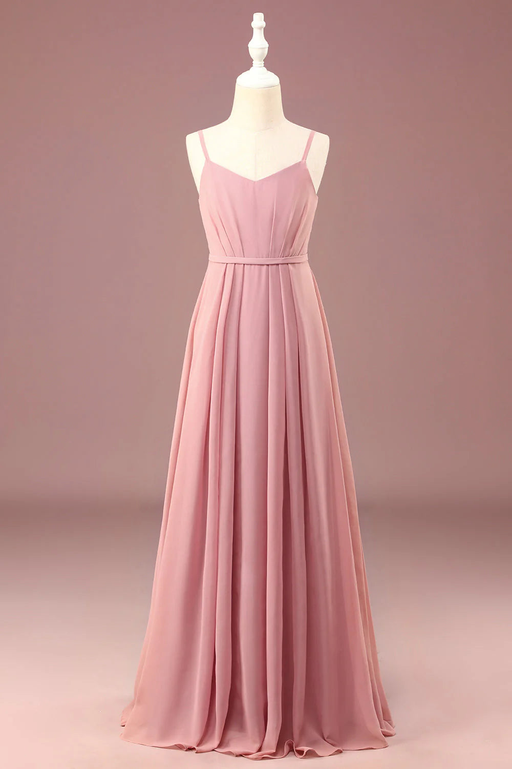 Blushing Pink Chiffon A-Line Floor-Length Bridesmaid Dress with V-Neck & Pleated Skirt