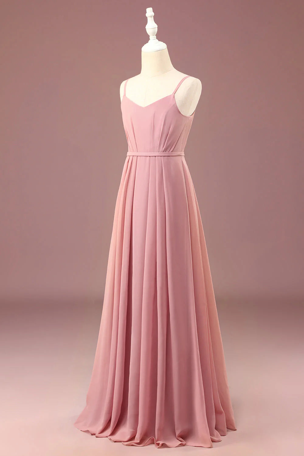 Blushing Pink Chiffon A-Line Floor-Length Bridesmaid Dress with V-Neck & Pleated Skirt