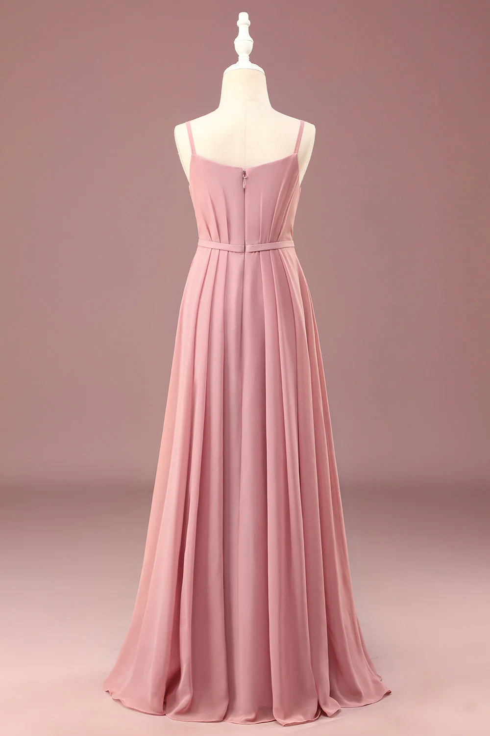 Blushing Pink Chiffon A-Line Floor-Length Bridesmaid Dress with V-Neck & Pleated Skirt