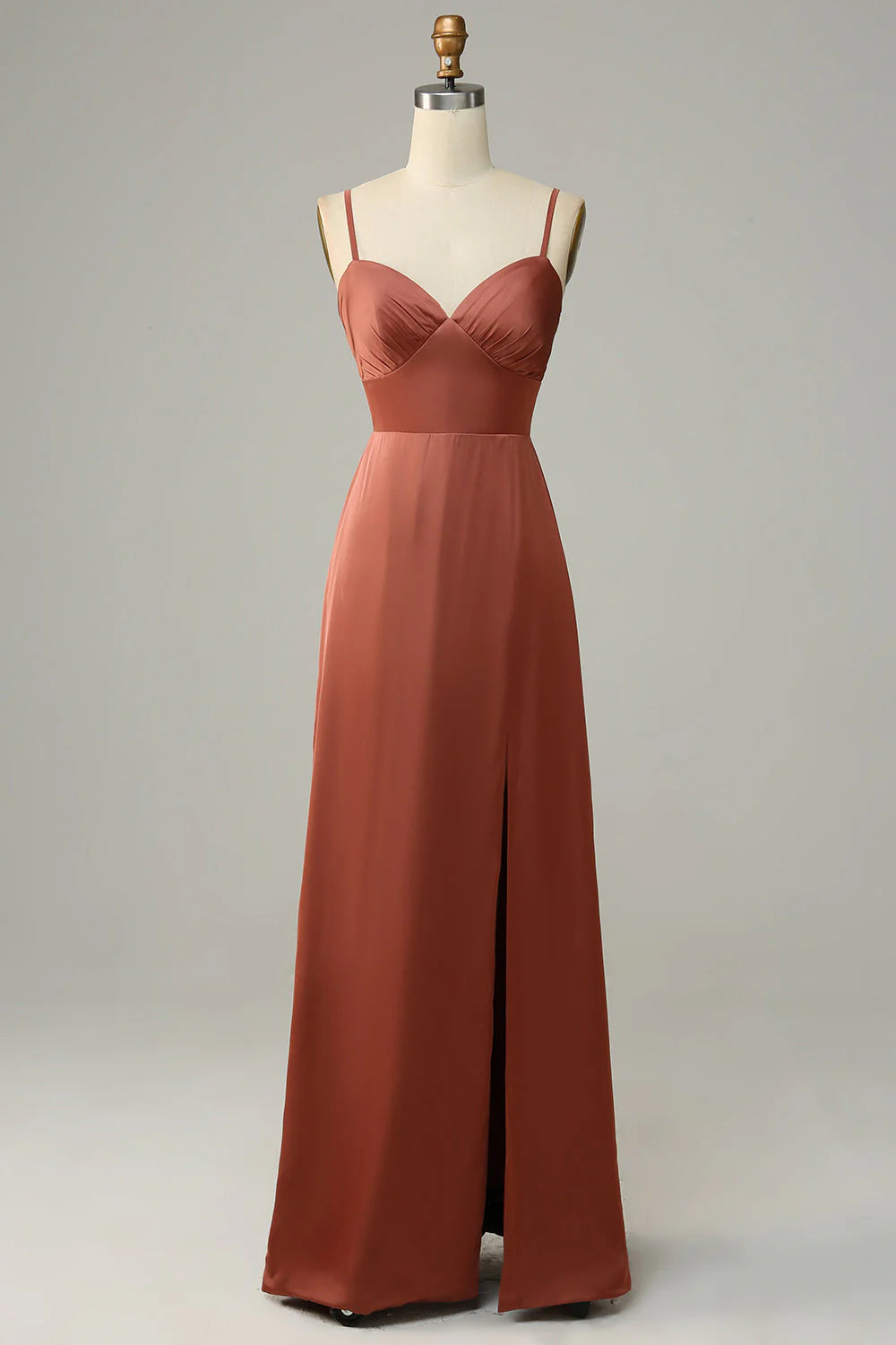 Rust Satin A-Line Sweetheart Floor-Length Dress with Ruched Bodice and High Slit