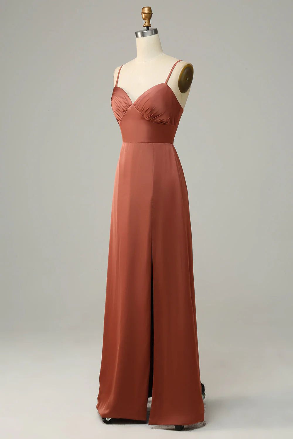 Rust Satin A-Line Sweetheart Floor-Length Dress with Ruched Bodice and High Slit