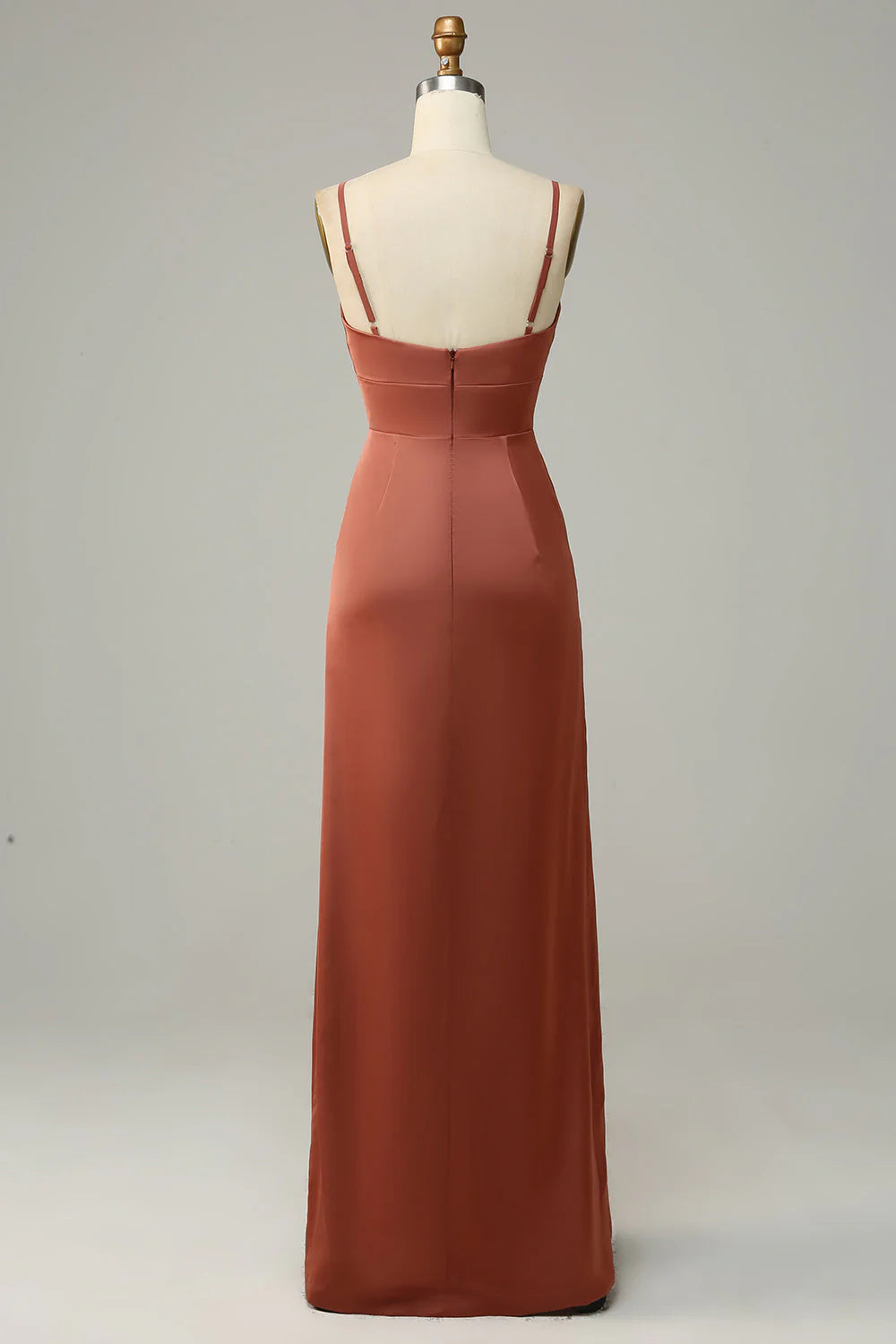 Rust Satin A-Line Sweetheart Floor-Length Dress with Ruched Bodice and High Slit