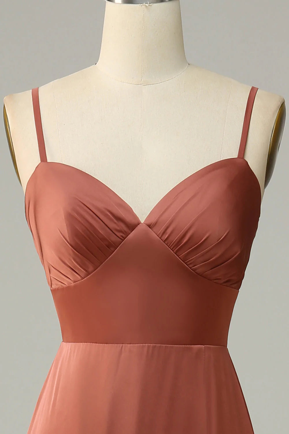 Rust Satin A-Line Sweetheart Floor-Length Dress with Ruched Bodice and High Slit