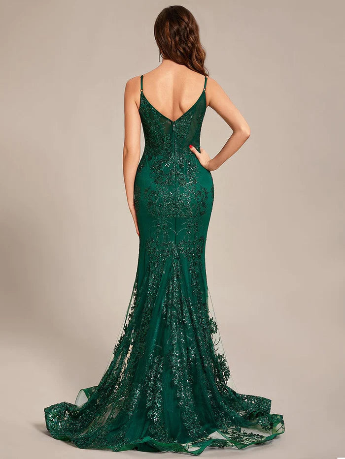 Emerald Sequin Mermaid Floor-Length V-Neck Gown for Prom & Black-Tie Events