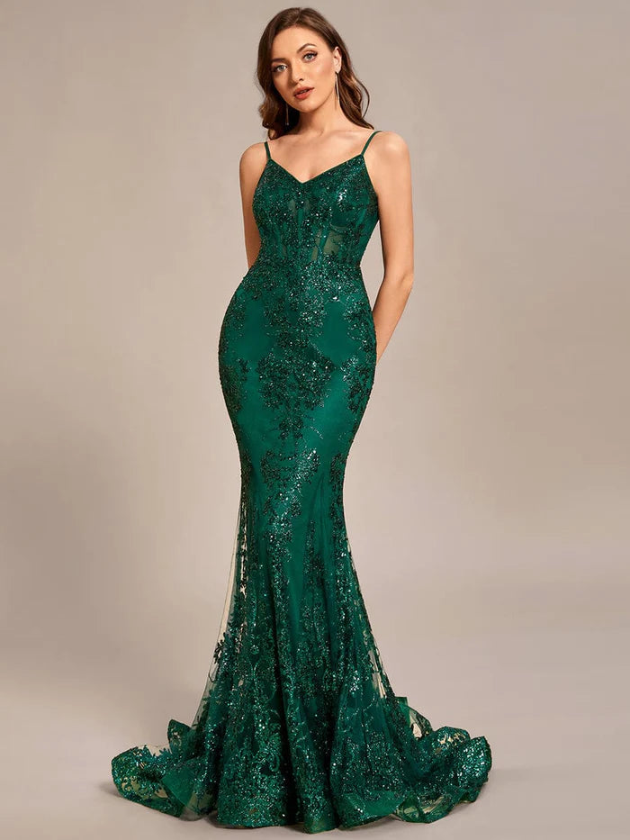 Emerald Sequin Mermaid Floor-Length V-Neck Gown for Prom & Black-Tie Events
