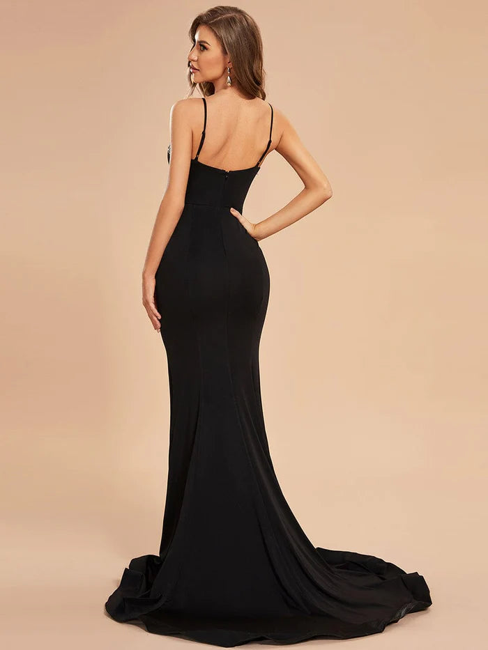Black Crepe Mermaid Floor-Length Dress with Sweetheart Neckline and Beaded Fringe