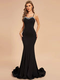Black Crepe Mermaid Floor-Length Dress with Sweetheart Neckline and Beaded Fringe