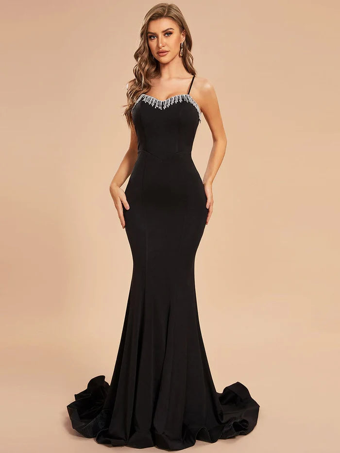 Black Crepe Mermaid Floor-Length Dress with Sweetheart Neckline and Beaded Fringe
