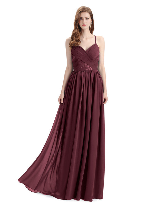 Elegantes vestidos de dama de honor de gasa con tirantes finos, corte A, escote en V y largo hasta el suelo