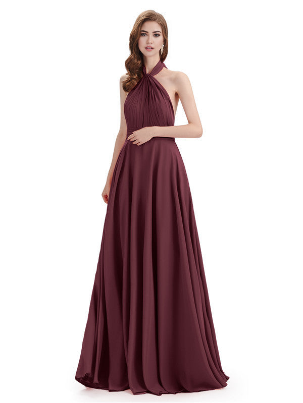 Vestidos de dama de honor sencillos de corte A, cuello alto, halter, sin mangas, plisados, de gasa, hasta el suelo