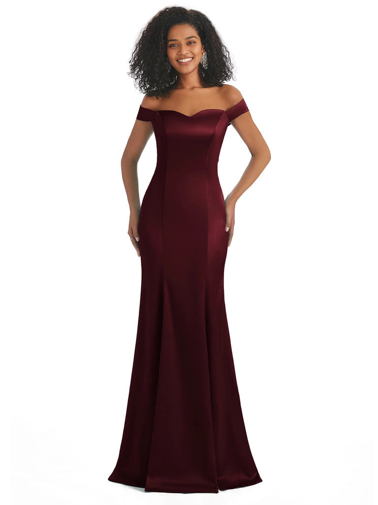 Vestidos de dama de honor largos, sencillos, de satén suave, sin mangas y con hombros descubiertos, de corte sirena