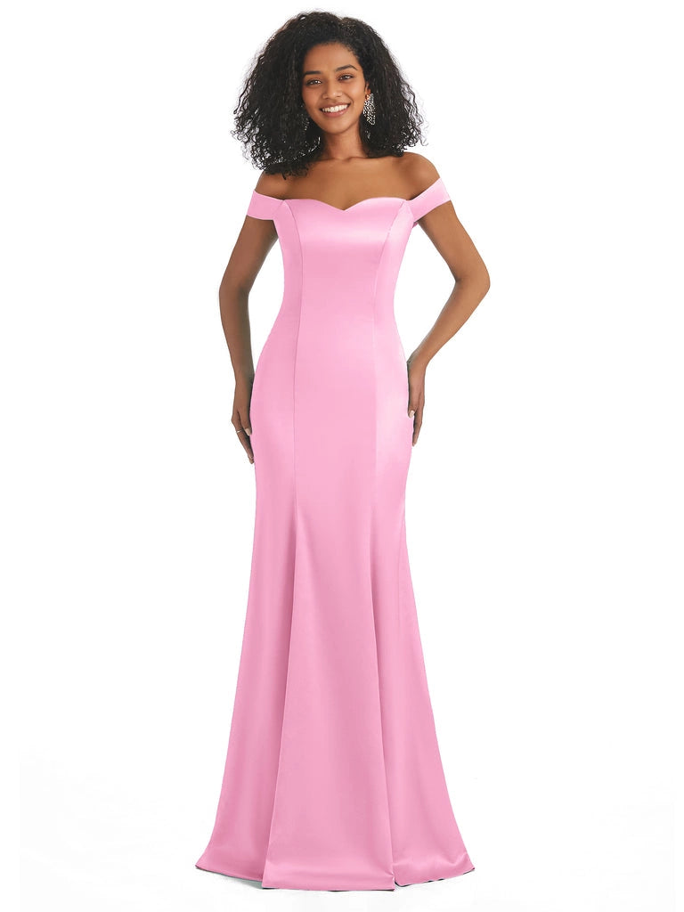 Vestidos de dama de honor largos, sencillos, de satén suave, sin mangas y con hombros descubiertos, de corte sirena