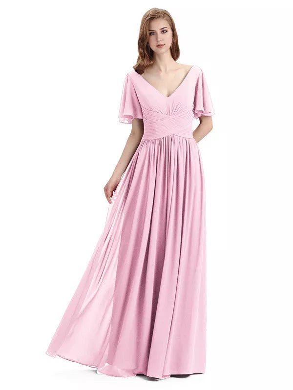 Vestidos de dama de honor elegantes de gasa con escote en V, mangas cortas y largo hasta el suelo
