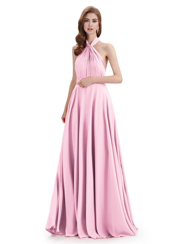 Simple A-Line High Neck Halter Sleeveless Pleats Chiffon Floor Length Bridesmaid Dresses