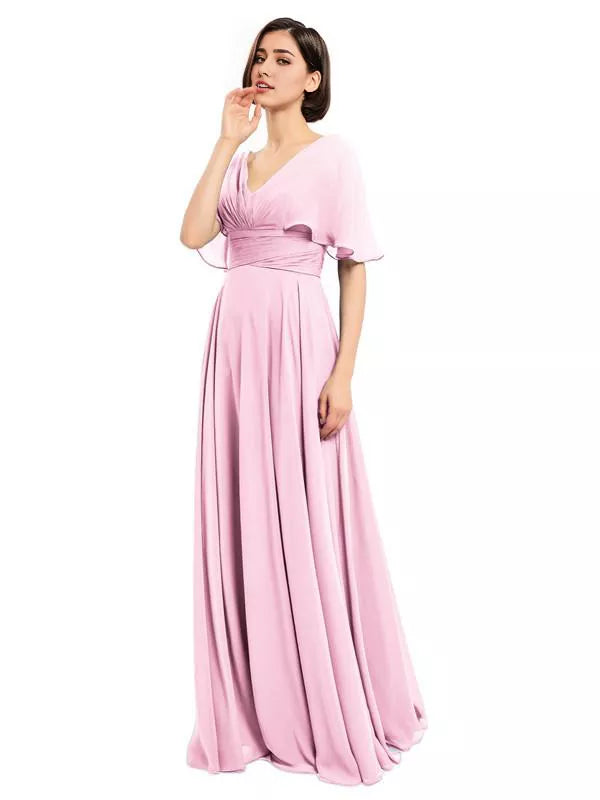 Elegantes vestidos largos de dama de honor de gasa con escote en V y mangas cortas