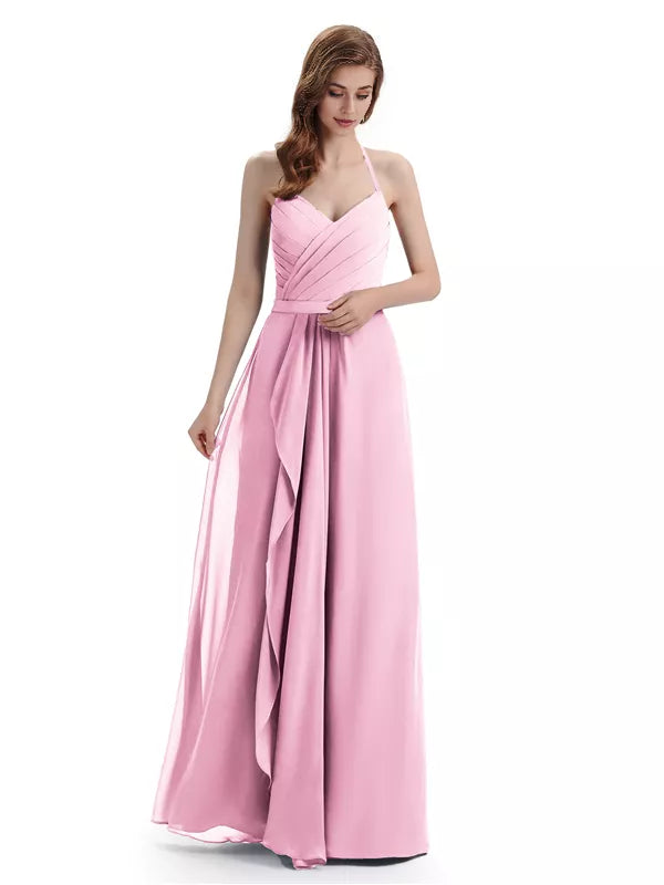 Encantadores vestidos de dama de honor con escote en V, hombros descubiertos, sin mangas y hasta el suelo