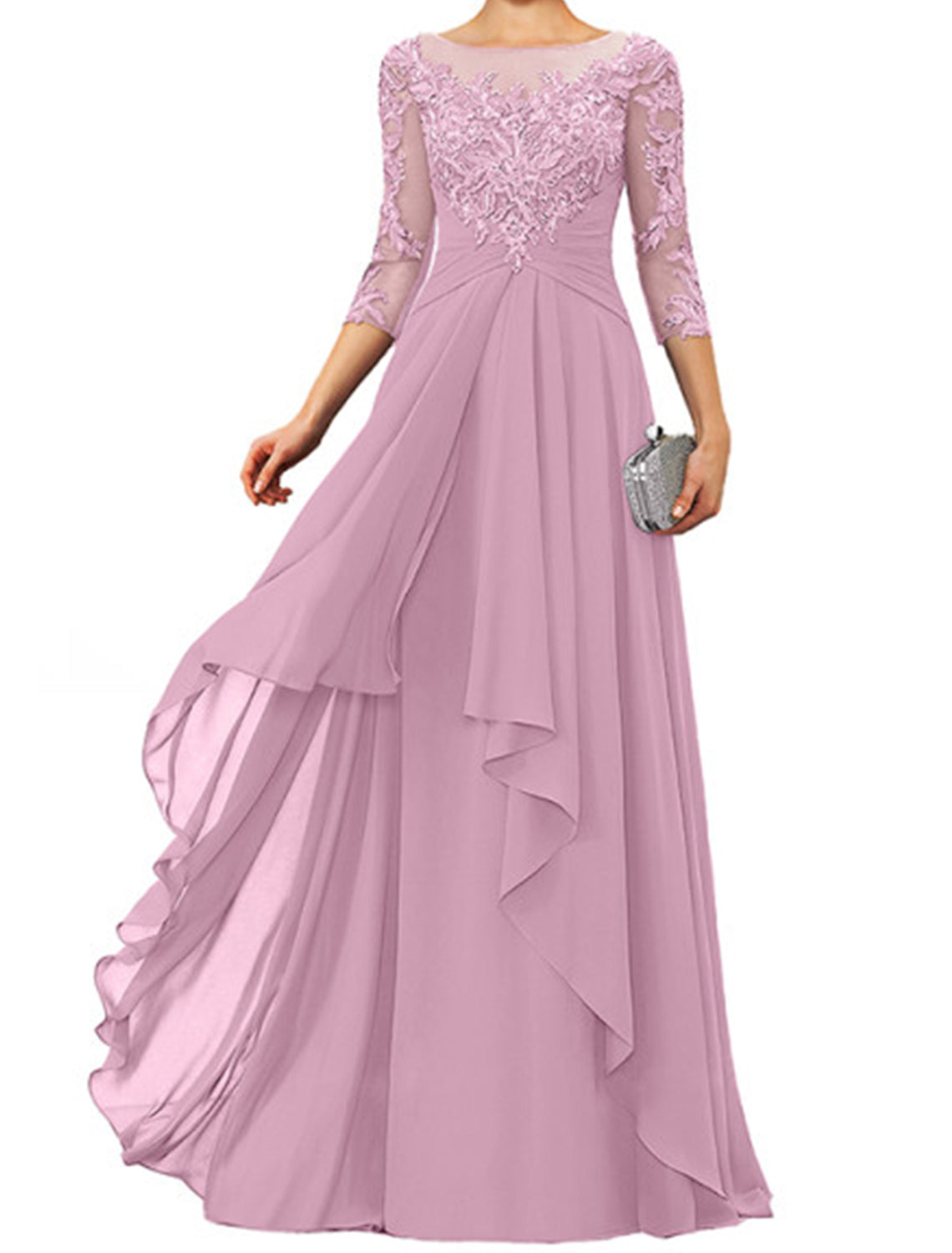 Dark Navy Chiffon A-Line Floor-Length Evening Dress - Illusion Neck Lace Appliques