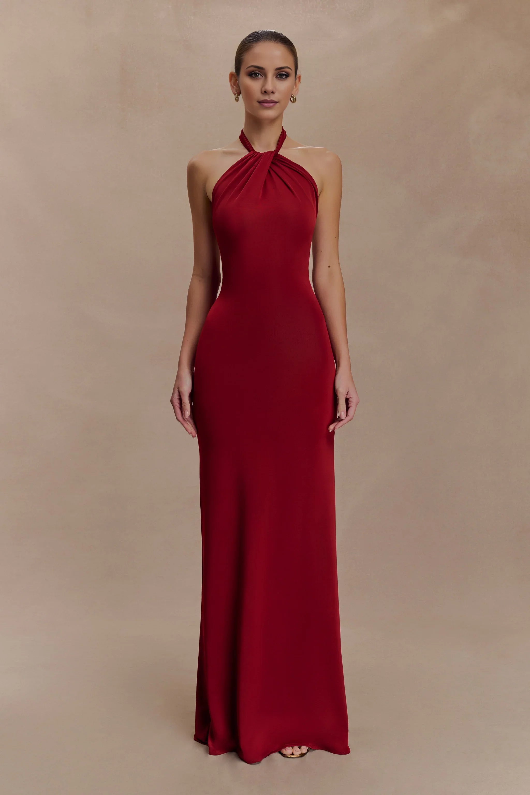 Ceremonial Halter-Neck Sleeveless Open-Back Fitted Floor-Length Evening Dress