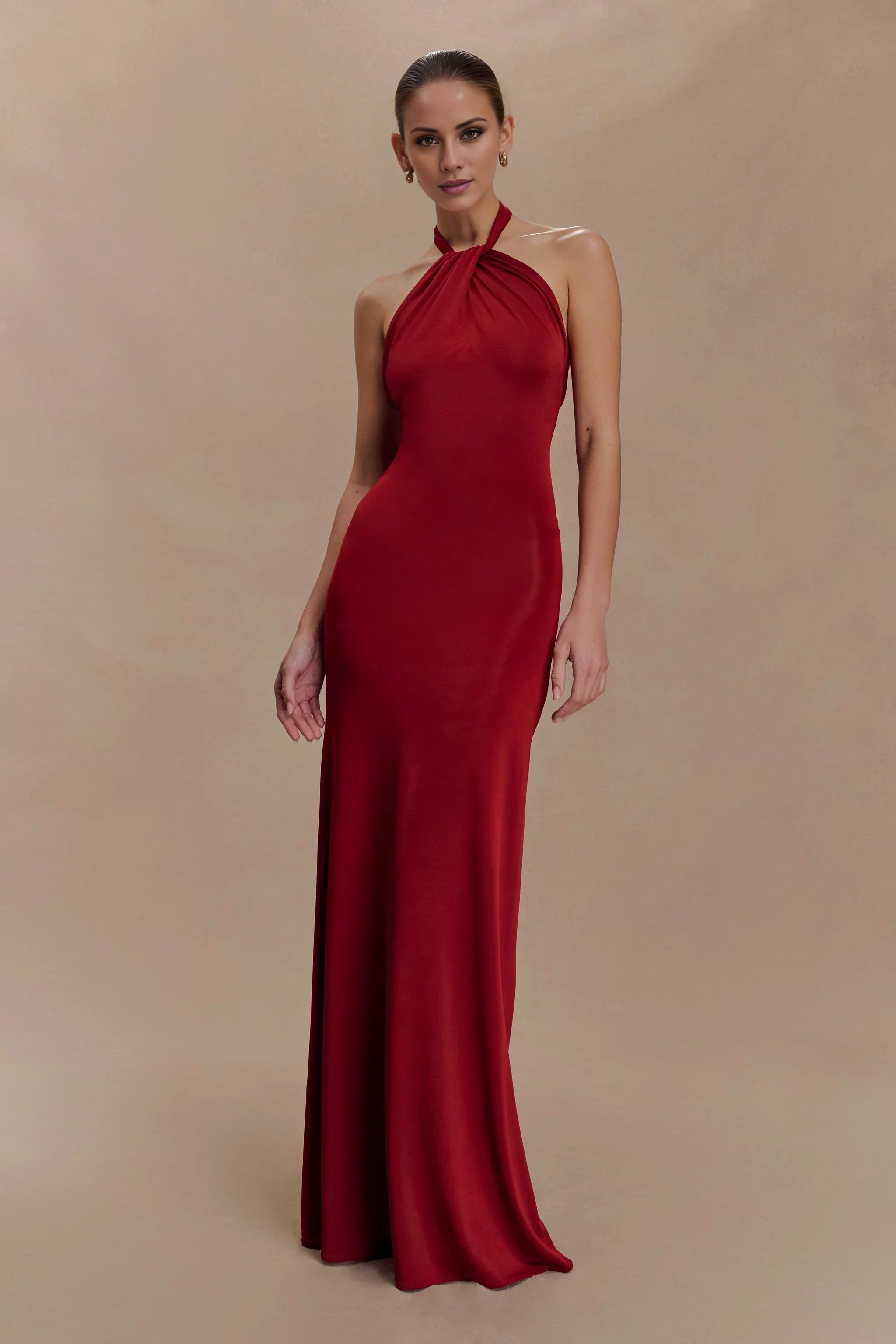 Ceremonial Halter-Neck Sleeveless Open-Back Fitted Floor-Length Evening Dress